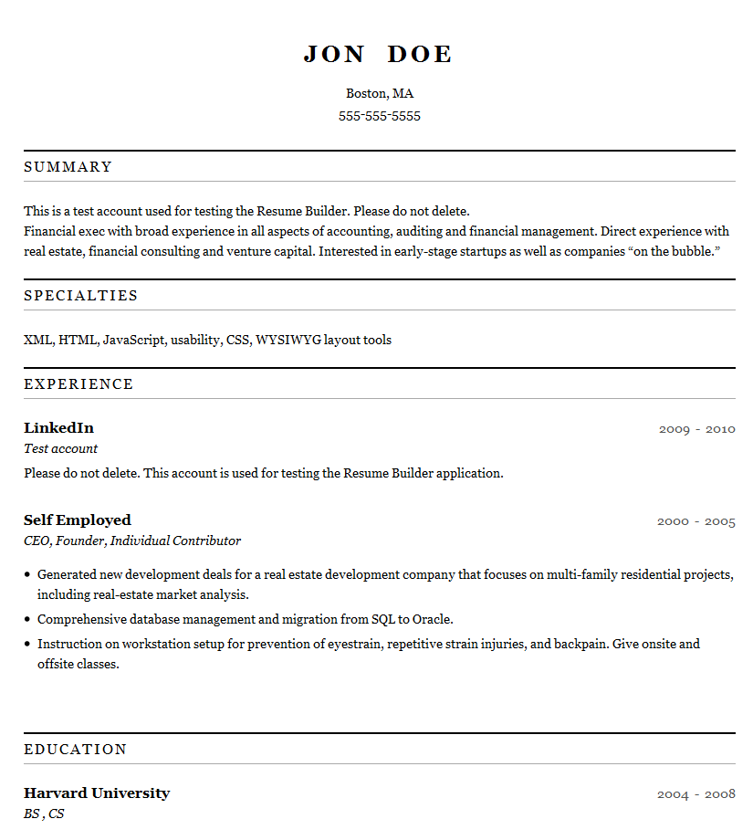 Free specimen resume