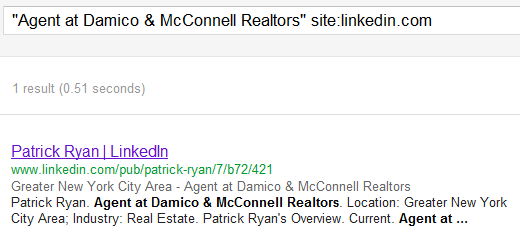 Google X-Ray/site: search result for a specific phrase to find the public profile of a person - notice how the full name is displayed