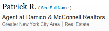 LinkedIn profile shown after performing an X-Ray/site:search of LinkedIn with a specific profile phrase - notice how the last name is not displayed because I am logged into LinkedIn