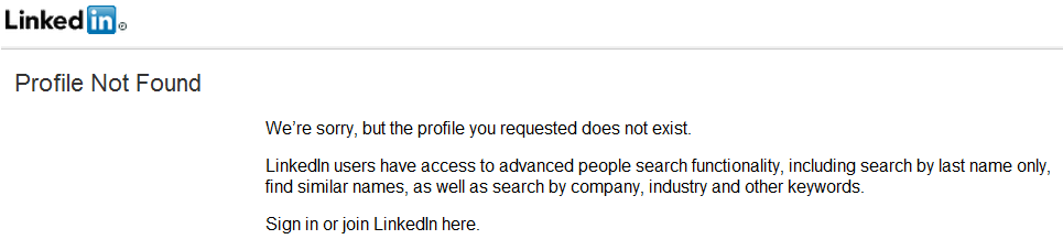 LinkedIn claims this profile doesn't exist for me in Chrome and IE, but it does.