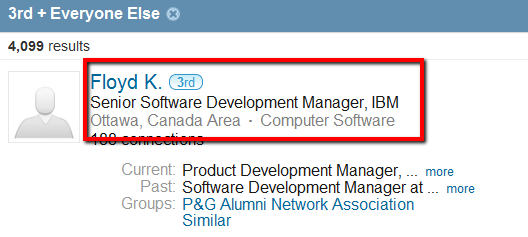 LinkedIn search of Java Cognos, selecting only 3rd degree connections and "everyone else"