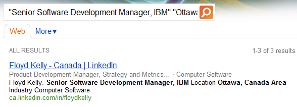Bing nails the LinkedIn profile I was looking for without even having to resort to using site:linkedin.com or anything else to return only profiles.