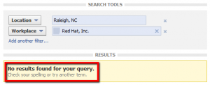 Here is a basic Facebook search for people working at a specific company at their headquarters location, and I get 0 results. Facebook search team - what's going on here?