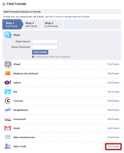 To find Facebook's friend finder, you have to look all the way down to the bottom under "Other Tools" and click on "Find Friends"