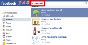 Don't bother trying to even use a Boolean AND operator to search Facebook - Facebook will actually search for "and" as a search term and not a Boolean operator